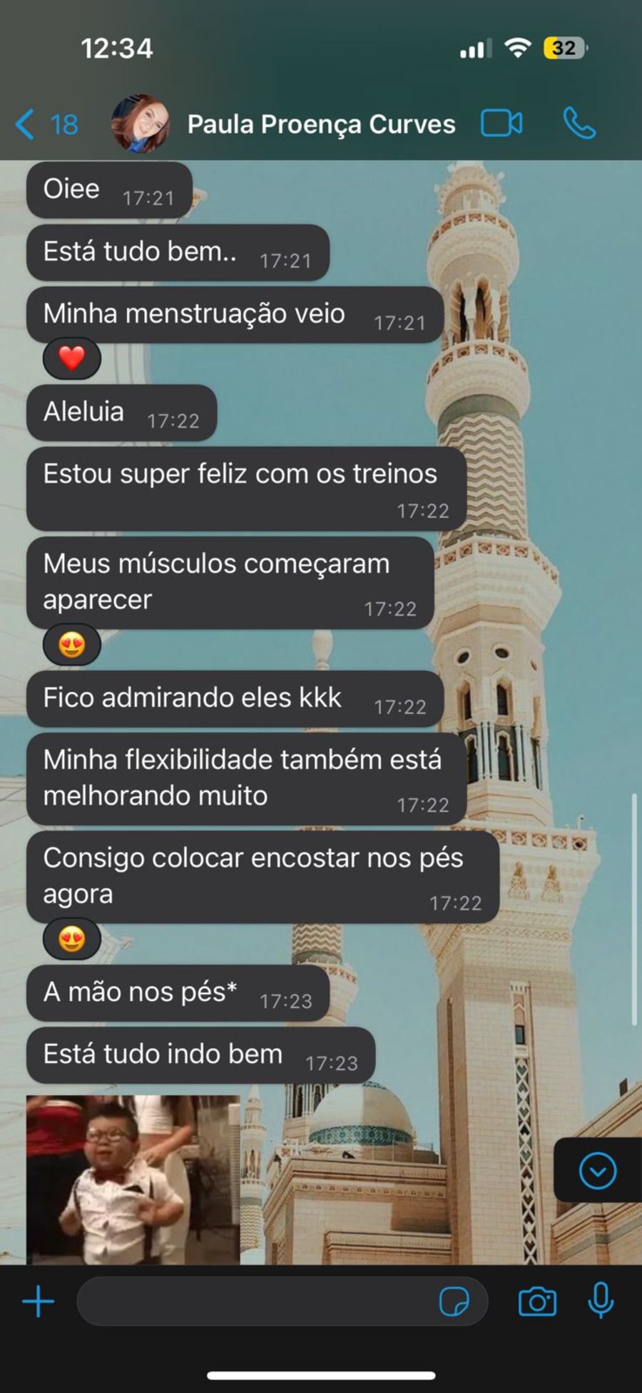 Mensagem: menstruação veio, super feliz com os treinos, músculos aparecendo